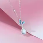 925 Sterling Silver Moonstone Butterfly Pendant Necklace, Blue Enamel Teardrop Charm, 40+5cm Chain for Women