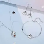 925 Sterling Silver Mistletoe Leaf Necklace with Red Green CZ, Geometric Open Circle Pendant Choker for Women, Christmas Gift 40+5cm
