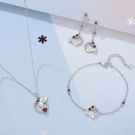 925 Sterling Silver Mistletoe Leaf Necklace with Red Green CZ, Geometric Open Circle Pendant Choker for Women, Christmas Gift 40+5cm