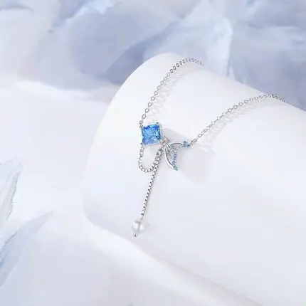 Fishtail Pearl Necklace 925 Sterling Silver Blue Crystal Tassel Dangle Pendant for Women Summer Beach Ocean Jewelry 40+5cm