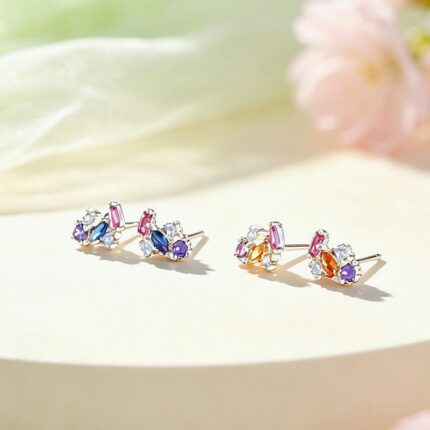 925 Sterling Silver Colorful CZ Geometric Stud Earrings, Small Irregular Cluster Gem Jewelry Summer Gift for Women