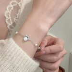 Pearl Bow Bracelet 925 Sterling Silver for Women, French Vintage Elegant Beaded Chain Jewelry, Travel Souvenir Gift