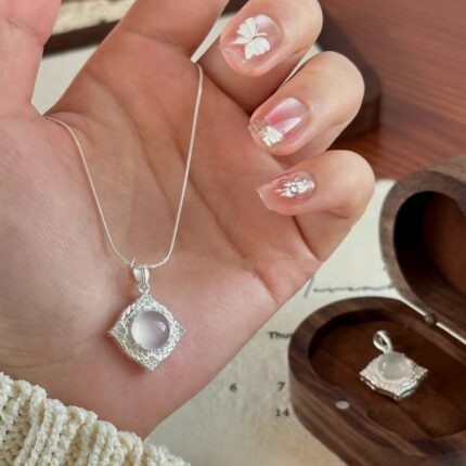 Rhombus White Moonstone Pendant Necklace 925 Sterling Silver Choker for Women