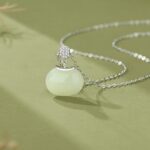 Hetian Jade Necklace 925 Sterling Silver Round Green Nephrite Charm 40+5cm Chain for Women, CZ Accent Oriental Minimalist Jewelry
