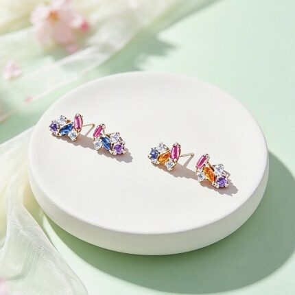 925 Sterling Silver Colorful CZ Geometric Stud Earrings, Small Irregular Cluster Gem Jewelry Summer Gift for Women