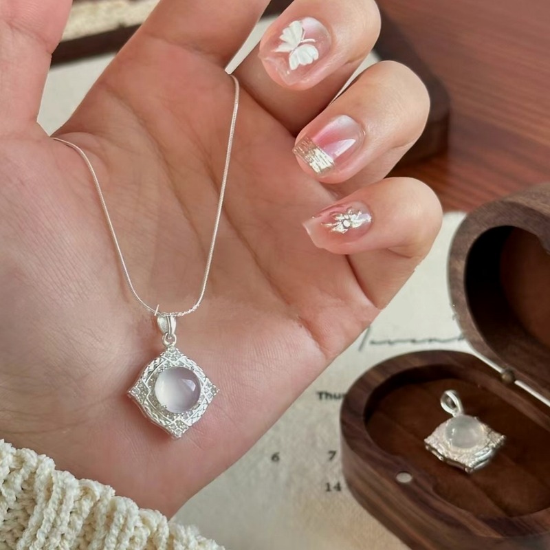 03 Rhombus White Moonstone Pendant Necklace 925 Sterling Silver Choker for Women