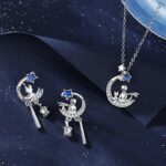 Little Prince and Fox Earrings 925 Sterling Silver Crescent Moon and Star Dangle Design with Blue Cubic Zirconia Rose for Women Gift