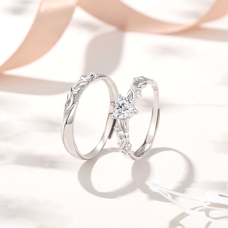 925 Sterling Silver Matching Couple Rings, Adjustable Open Band with Vine Scroll Engraving, His and Hers Anniversary Promise Gift Set