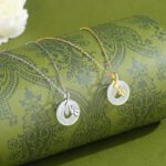 White Chalcedony Peace Buckle Necklace 925 Sterling Silver Wheat Ear Pendant, 14K Gold Plated Chinese Style Jewelry for Women