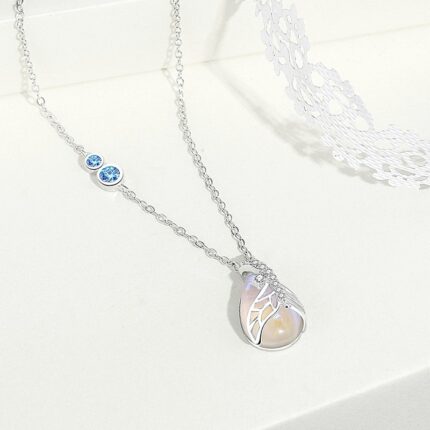 Mermaid Tear Moonstone Pendant Necklace, 925 Sterling Silver O-Chain Teardrop Collarbone Chain for Women, Korean Style Jewelry Gift