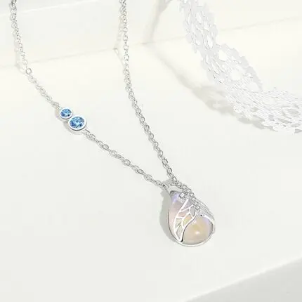 Mermaid Tear Moonstone Pendant Necklace, 925 Sterling Silver O-Chain Teardrop Collarbone Chain for Women, Korean Style Jewelry Gift