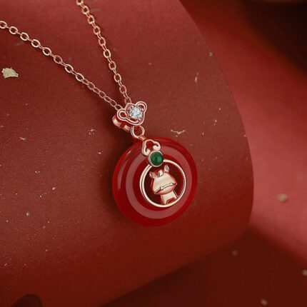 Red Agate Horse Pendant Necklace, 925 Sterling Silver Zodiac Jewelry for Women, Chinese Peace Buckle Charm, 40+5cm Chain