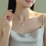 Hetian Jade Necklace 925 Sterling Silver Round Green Nephrite Charm 40+5cm Chain for Women, CZ Accent Oriental Minimalist Jewelry