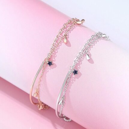 925 Sterling Silver Star Charm Bracelet for Women, Tassel Bangle, Adjustable Blue Stone Jewelry, Summer Travel Gift