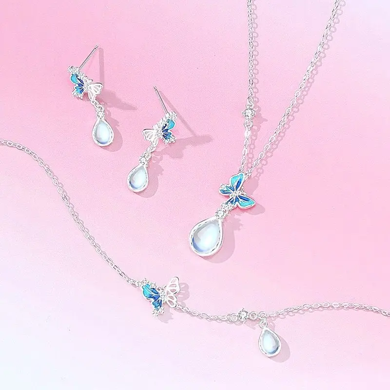 925 Sterling Silver Moonstone Butterfly Pendant Necklace, Blue Enamel Teardrop Charm, 40+5cm Chain for Women
