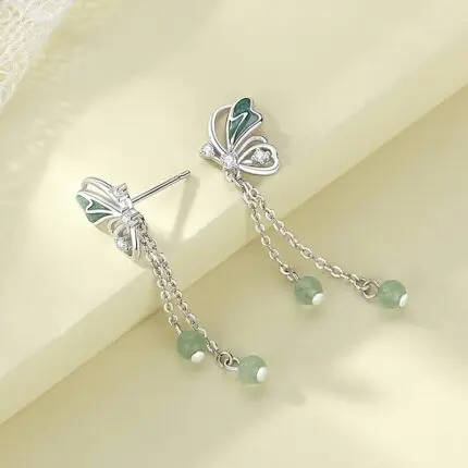 Green Aventurine Butterfly Drop Earrings 925 Sterling Silver Long Tassel Dangle Jewelry for Women, Birthday Gift