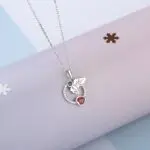 925 Sterling Silver Mistletoe Leaf Necklace with Red Green CZ, Geometric Open Circle Pendant Choker for Women, Christmas Gift 40+5cm