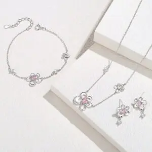 925 Sterling Silver Flower Bracelet for Women, Pink Crystal Clover Charm on Dainty Chain, Sweet Botanical Jewelry, Travel Gift