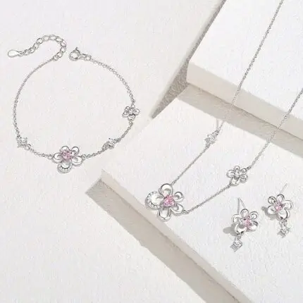 925 Sterling Silver Flower Bracelet for Women, Pink Crystal Clover Charm on Dainty Chain, Sweet Botanical Jewelry, Travel Gift