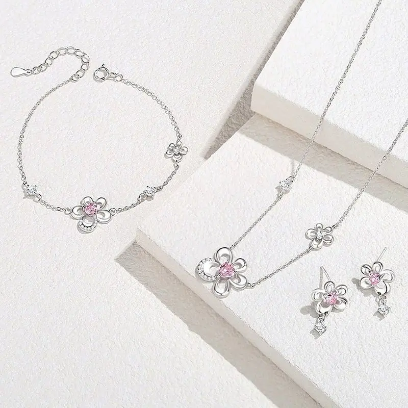 925 Sterling Silver Flower Bracelet for Women, Pink Crystal Clover Charm on Dainty Chain, Sweet Botanical Jewelry, Travel Gift