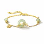 Hetian Jade Peace Buckle Bracelet for Women, 18K Gold Plated 925 Sterling Silver Chinese Lucky Amulet Jewelry, Retro Ethnic Travel Gift