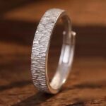Matching Couple Rings 999 Fine Silver Adjustable Band, Tree Branch & Geometric Texture, Valentine's Day Gift for Him and Her