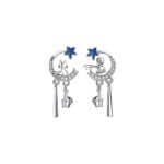 Little Prince and Fox Earrings 925 Sterling Silver Crescent Moon and Star Dangle Design with Blue Cubic Zirconia Rose for Women Gift
