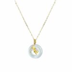 White Chalcedony Peace Buckle Necklace 925 Sterling Silver Wheat Ear Pendant, 14K Gold Plated Chinese Style Jewelry for Women