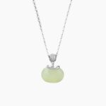 Hetian Jade Necklace 925 Sterling Silver Round Green Nephrite Charm 40+5cm Chain for Women, CZ Accent Oriental Minimalist Jewelry