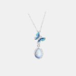 925 Sterling Silver Moonstone Butterfly Pendant Necklace, Blue Enamel Teardrop Charm, 40+5cm Chain for Women