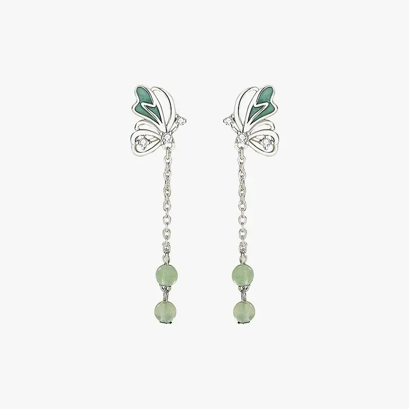 Green Aventurine Butterfly Drop Earrings 925 Sterling Silver Long Tassel Dangle Jewelry for Women, Birthday Gift