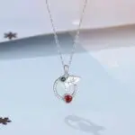 925 Sterling Silver Mistletoe Leaf Necklace with Red Green CZ, Geometric Open Circle Pendant Choker for Women, Christmas Gift 40+5cm