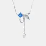 Fishtail Pearl Necklace 925 Sterling Silver Blue Crystal Tassel Dangle Pendant for Women Summer Beach Ocean Jewelry 40+5cm