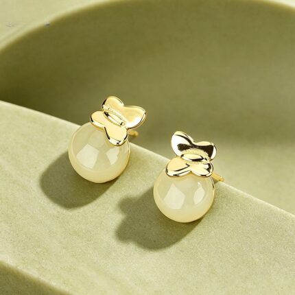 Sokila Butterfly Stud Earrings 925 Sterling Silver 14K Gold Plated Hetian Jade Round Bead Vintage Chinese Style Jewelry Gift