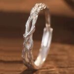 Matching Couple Rings 999 Fine Silver Adjustable Band, Tree Branch & Geometric Texture, Valentine's Day Gift for Him and Her