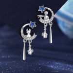 Little Prince and Fox Earrings 925 Sterling Silver Crescent Moon and Star Dangle Design with Blue Cubic Zirconia Rose for Women Gift