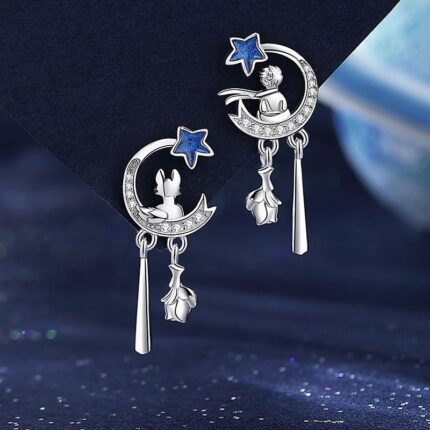 Little Prince and Fox Earrings 925 Sterling Silver Crescent Moon and Star Dangle Design with Blue Cubic Zirconia Rose for Women Gift