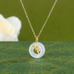 White Chalcedony Peace Buckle Necklace 925 Sterling Silver Wheat Ear Pendant, 14K Gold Plated Chinese Style Jewelry for Women