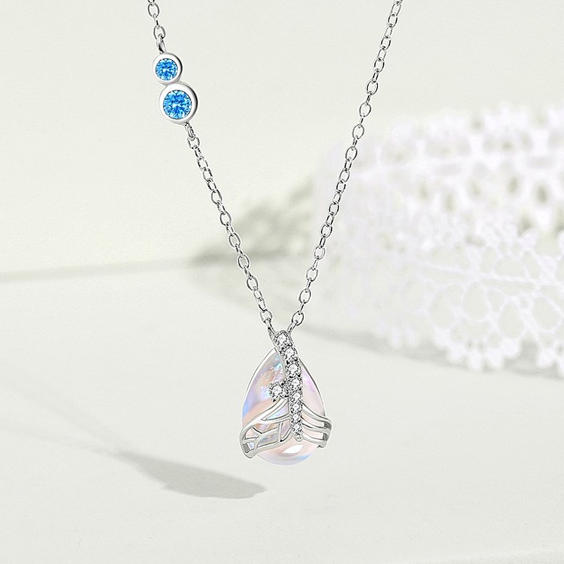 06-16 Mermaid Tear Moonstone Pendant Necklace, 925 Sterling Silver O-Chain Teardrop Collarbone Chain for Women, Korean Style Jewelry Gift