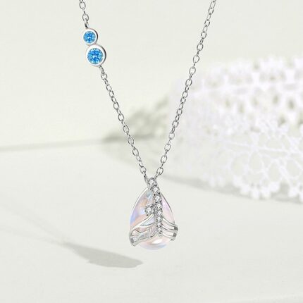 Mermaid Tear Moonstone Pendant Necklace, 925 Sterling Silver O-Chain Teardrop Collarbone Chain for Women, Korean Style Jewelry Gift