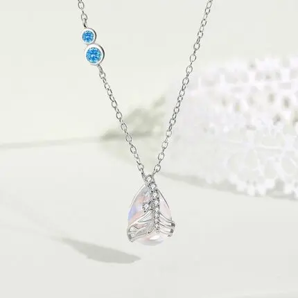 Mermaid Tear Moonstone Pendant Necklace, 925 Sterling Silver O-Chain Teardrop Collarbone Chain for Women, Korean Style Jewelry Gift