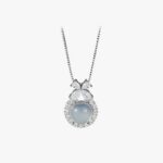 White Chalcedony Bow Pendant Necklace 925 Sterling Silver CZ for Women