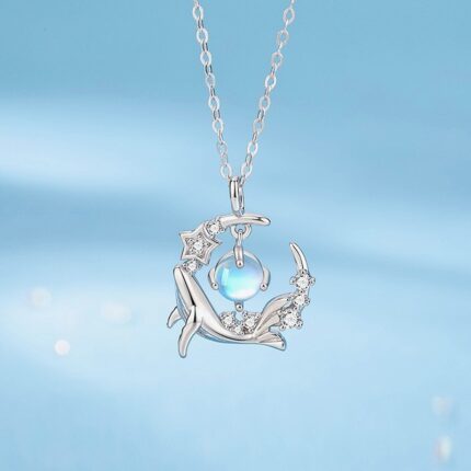 Moonstone Whale Pendant Necklace 925 Sterling Silver Star Charm Celestial Ocean Jewelry for Women 40+5cm Chain