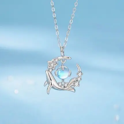 Moonstone Whale Pendant Necklace 925 Sterling Silver Star Charm Celestial Ocean Jewelry for Women 40+5cm Chain