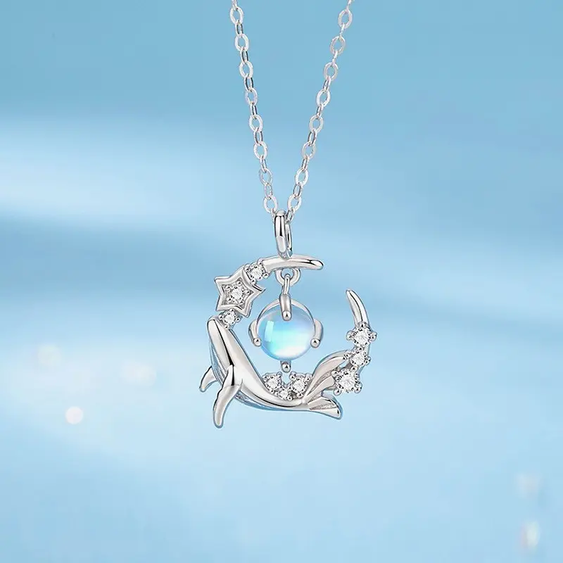 Moonstone Whale Pendant Necklace 925 Sterling Silver Star Charm Celestial Ocean Jewelry for Women 40+5cm Chain
