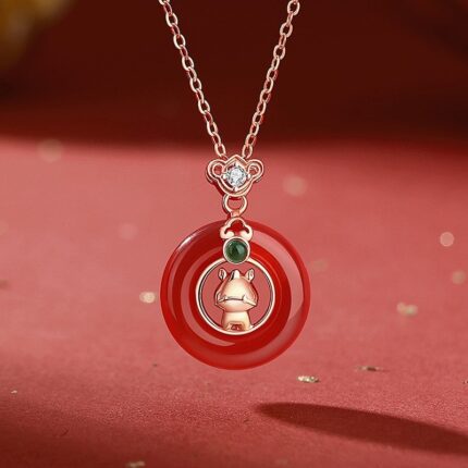 Red Agate Horse Pendant Necklace, 925 Sterling Silver Zodiac Jewelry for Women, Chinese Peace Buckle Charm, 40+5cm Chain