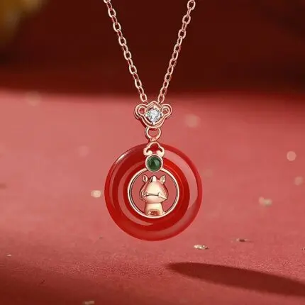 Red Agate Horse Pendant Necklace, 925 Sterling Silver Zodiac Jewelry for Women, Chinese Peace Buckle Charm, 40+5cm Chain