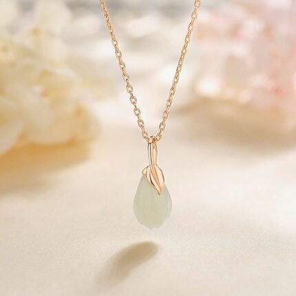 White Hetian Jade Magnolia Pendant Necklace 925 Sterling Silver, Rose Gold Plated Teardrop, 40+5cm Chain, Daily Wear Gift for Women