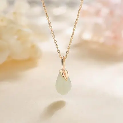 White Hetian Jade Magnolia Pendant Necklace 925 Sterling Silver, Rose Gold Plated Teardrop, 40+5cm Chain, Daily Wear Gift for Women