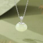Hetian Jade Necklace 925 Sterling Silver Round Green Nephrite Charm 40+5cm Chain for Women, CZ Accent Oriental Minimalist Jewelry